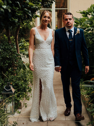 Popular V-neck Mermaid Side Slit Open Back Long Wedding Dresses, WDS0082