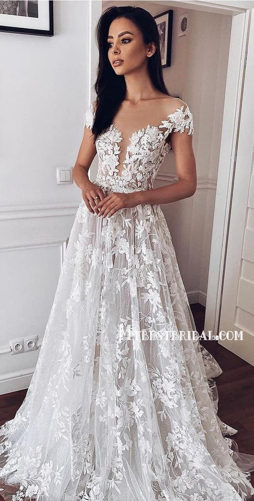 Elegant Lace V Neck Tulle A-line Cheap Wedding Dresses Online, WDY0259
