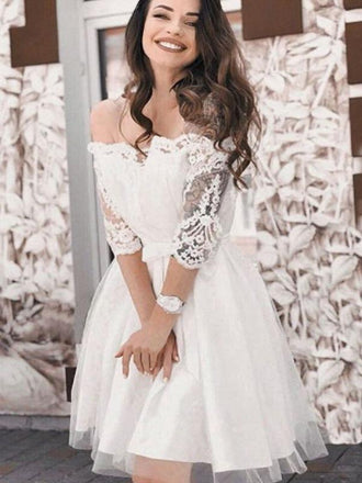 Off-The-Shoulder Long Sleeves White Lace Short Homecoming Dresses ,BDY0276