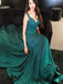 Spaghetti Straps V-neck Dark Green Satin Prom Dresses,Cheap Prom Dresses,PDY0482