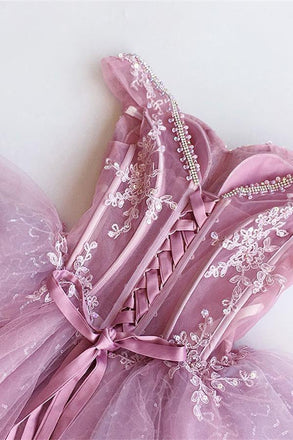 Off Shoulder Pink Lace  See Through Short Homecoming Dresses 2018, BDY0287