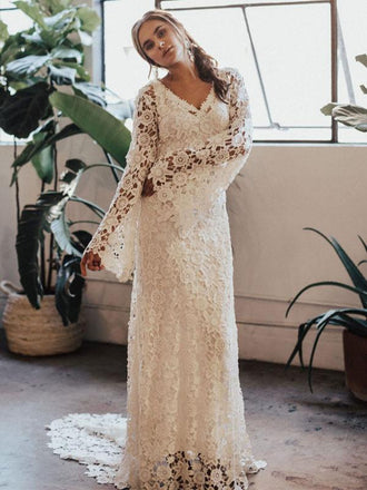 Long Sleeves V-neck White Lace Beach Wedding Dresses.Cheap Wedding Dresses, WDY0282