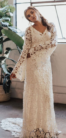 Long Sleeves V-neck White Lace Beach Wedding Dresses.Cheap Wedding Dresses, WDY0282