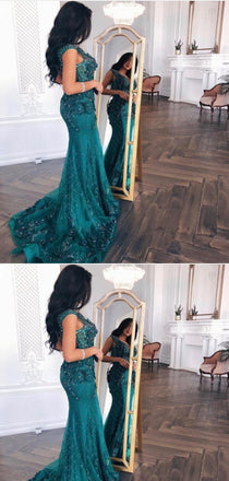 Mermaid Trailing Green Lace Long Prom Dresses,Cheap Prom Dresses,PDY0512