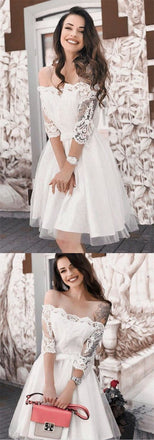 Off-The-Shoulder Long Sleeves White Lace Short Homecoming Dresses ,BDY0276