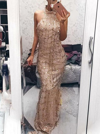 Sheath High Neck Sequied Evening Dresses ,Cheap Prom Dresses,PDY0594