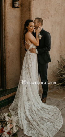 Halter A-line Lace Tulle Lace Up Back With Train Wedding Dresses. WDS0114