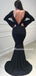 Black V-neck Mermaid Long Sleeve V-back Prom Dresses, PDS0286