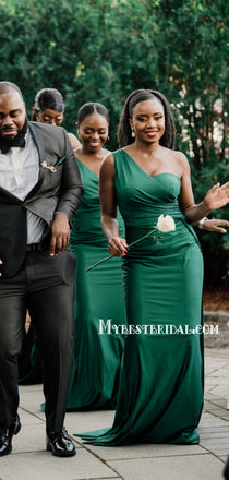 Mismatched Mermaid Green Side Slit Long Bridesmaid Dresses, BDS0145