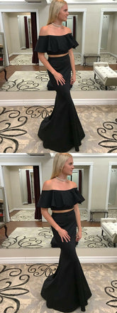 Two Piece Mermaid Off-the-Shoulder Black Prom Dress with Ruffles,Cheap Prom Dress,PDY0393