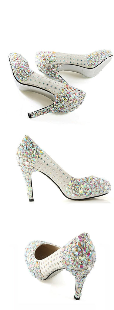 Popular Sparkly Crystal High Heels Pointed Toe White Wedding Bridal Shoes, SY0130
