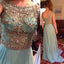 Scoop Neckline Rhinestone Beaded V-back Long A-line Blue Chiffon Prom Dresses, BG0130