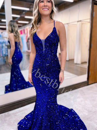 Sexy V-neck Sleeveless Spaghetti straps Mermaid Prom Dresses,PDS0802
