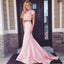 Two Pieces Short Sleeve Pink Beaded Satin Long Mermaid Prom Dresses, BG0131