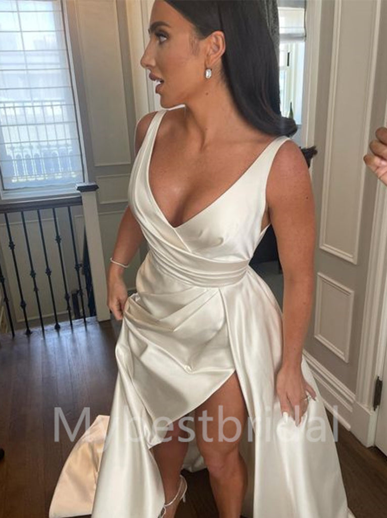 Simple V-neck Sleeveless Side slit A-line Wedding Dresses, WDY0251
