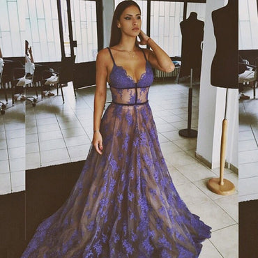 Spaghetti Long A-line Purple Lace Sexy 2017 Newest Prom Dresses, BG0132