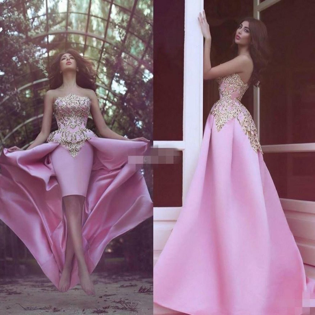 Strapless Unique Design Gold Lace Pink Satin Long Prom Dresses, BG0133
