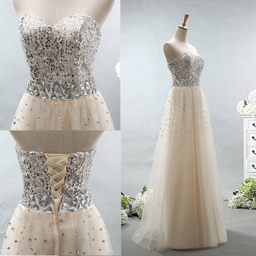 Sweetheart Long A-line beads Rhinestone Ivory Tulle Long Prom Dresses, BG0135