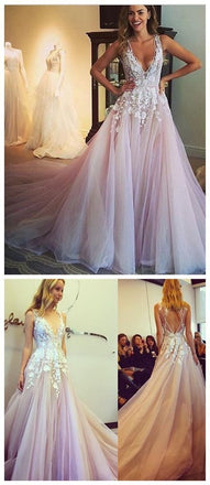 V-neck Appliques Long A-line Sleeveless Tulle Prom Wedding Dresses, BG0136