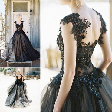 Gorgeous Black Lace Beaded Long A-line Black Tulle 2017 Popular Prom Dresses, BG0137