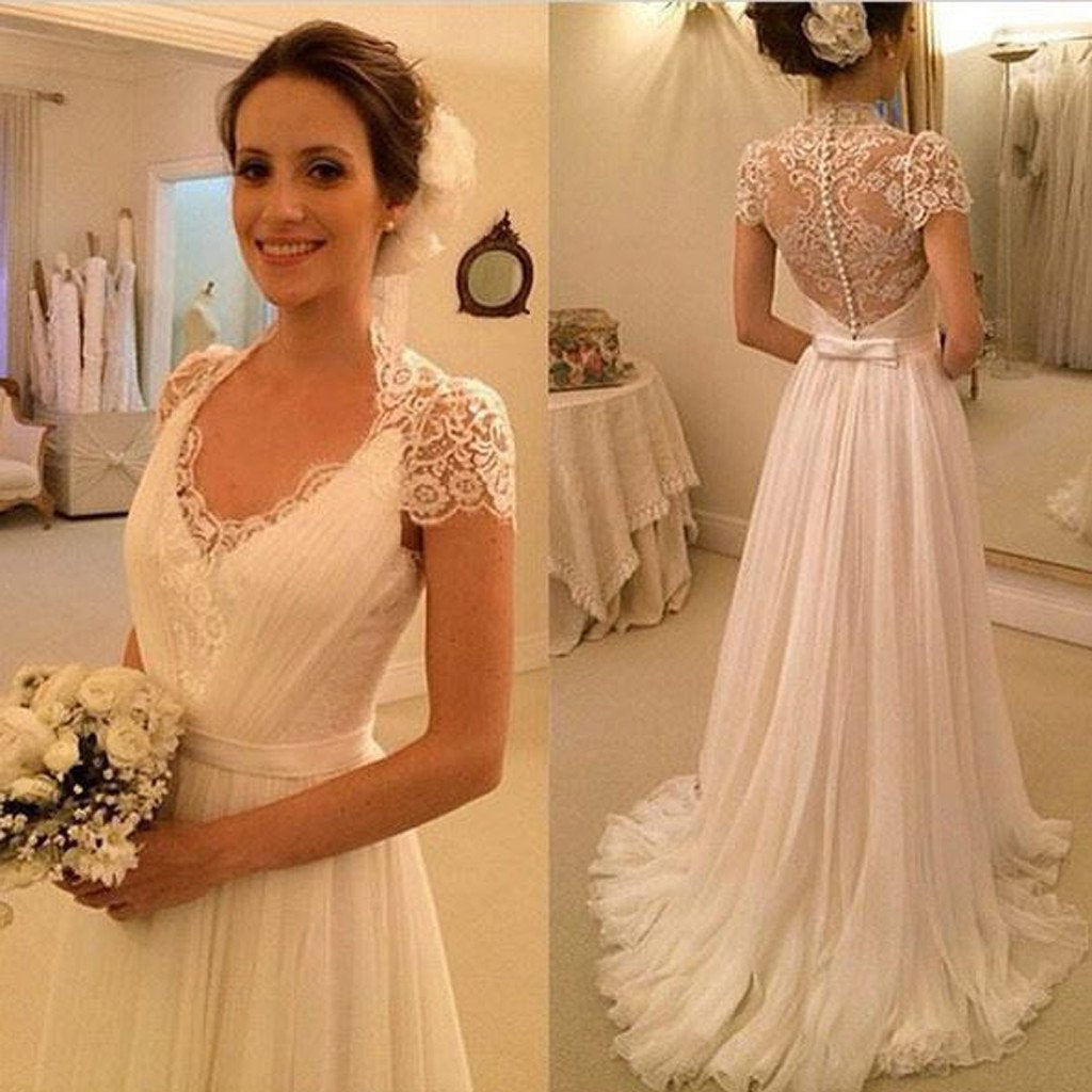 Elegant Cap Sleeve See Through Lace Top Sheath Cheap Wedding Dresses, WDY0131