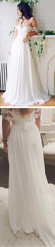 Popular Off Shoulder Long A-line White Chiffon Sexy Lace Wedding Dresses, WDY0103