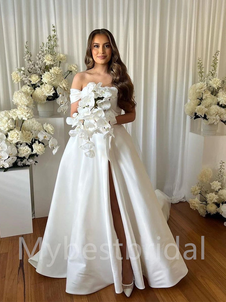 Simple Off-shoulder Side slit A-line Wedding Dresses, WDY0217