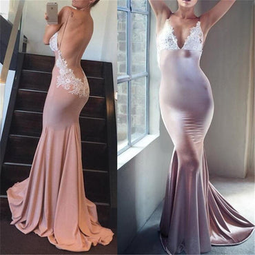 Sexy V-neck Spaghetti Backless Long Mermaid Lace Prom Dresses, BG0139