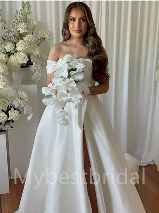 Simple Off-shoulder Side slit A-line Wedding Dresses, WDY0217