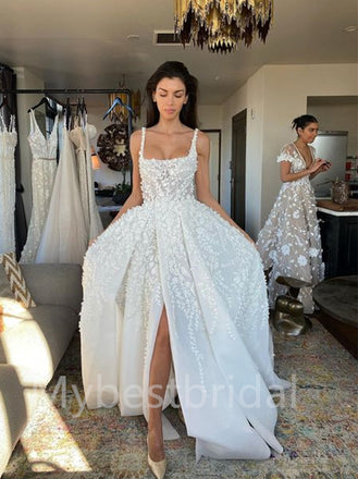 Simple Square Spaghetti straps A-Line Lace Wedding Dresses, WDY0192