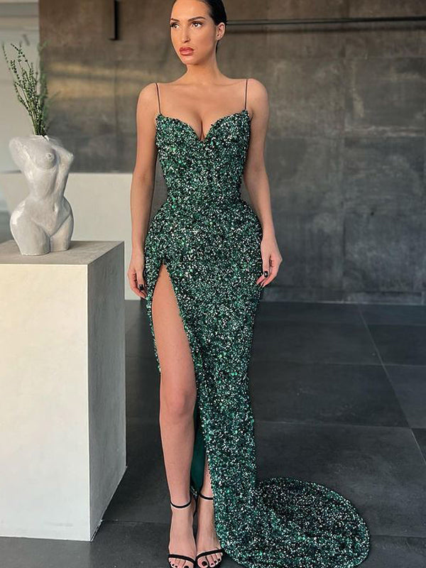 Sexy V-neck Mermaid Green Sequin Side Slit Long Prom Dresses, PDS0268