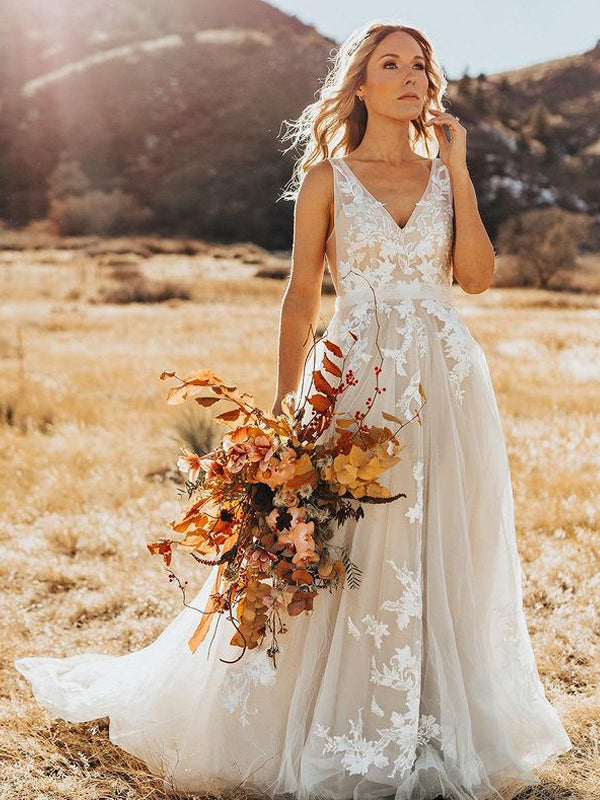 Elegant V-neck A-line Lace Tulle Simple Wedding Dresses. WDS0103