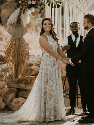 Halter A-line Lace Tulle Lace Up Back With Train Wedding Dresses. WDS0114