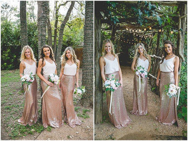 Two Piece Spaghetti Straps Bridesmaid Dresses, Shinning Gold Rose Bridesmaid Dresses,Cheap Bridesmaid Dresses,WGY0266