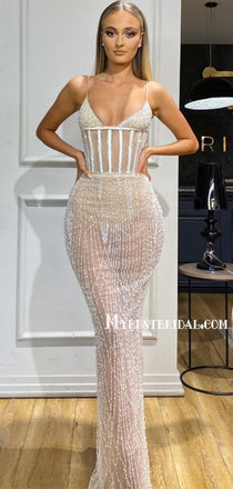 Sexy Spaghetti Strap V-neck Mermaid Sequin Long Prom Dresses, PDS0208