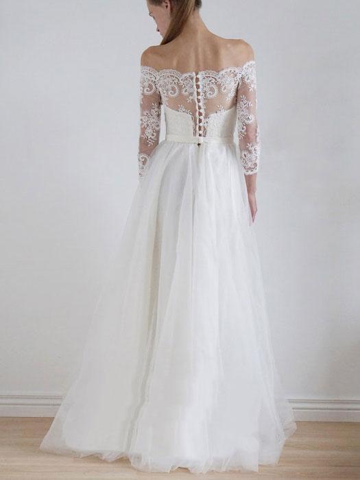 Off Shoulder Long Sleeve Lace A-line Cheap Wedding Dresses Online, WDY0205