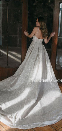 Sparkly V-neck A-line Simple Open Back Wedding Dresses With Long Train. WDS0104
