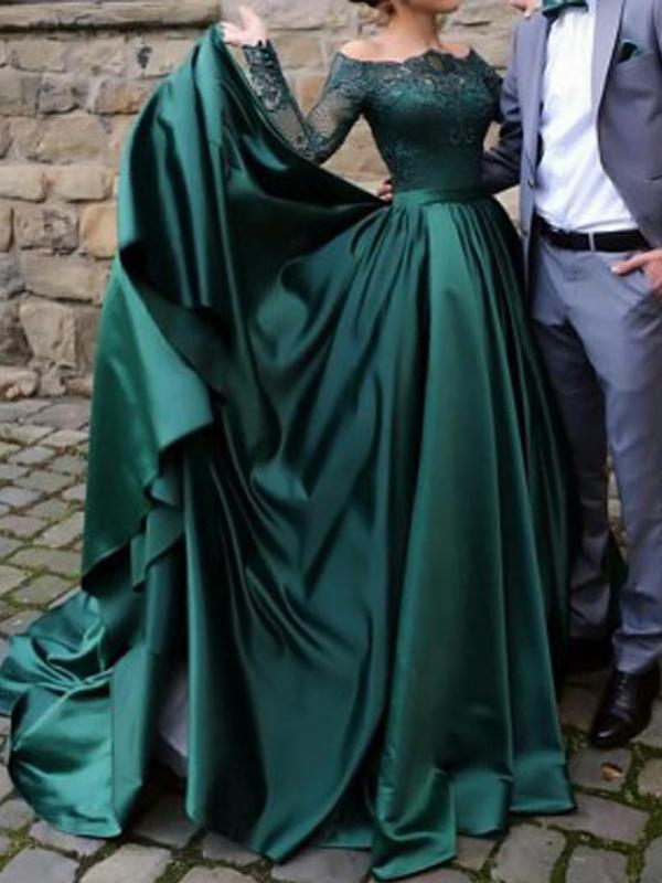 A-Line Off-the-Shoulder Long Sleeves Dark Green Prom Dresses,Cheap Prom Dresses,PDY0552