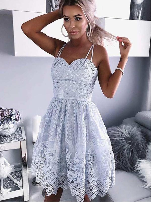 Sweetheart Spaghetti Straps Grey Lace Short Homecoming Dresses ,BDY0279