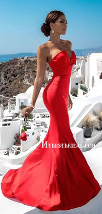 Simple Sweetheart Mermaid Red Long Prom Dresses, PDS0282
