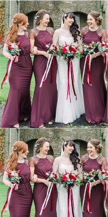 Sheath Cap Sleeves Dark Red Bridesmaid Dresses,Cheap Bridesmaid Dresses,WGY0363