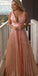 A-line V-neck Pink Tulle Evening Dresses ,Cheap Prom Dresses,PDY0593