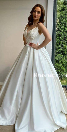 Spaghetti Straps V Neck A-line Satin Simple Wedding Dresses Online, WDY0255