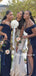 Mermaid Off-shoulder Side Slit Navy Blue Long Bridesmaid Dresses, BDS0146