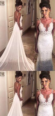 Mermaid Spaghetti Open Back Lace Wedding Dresses.Cheap Wedding Dresses, WDY0283