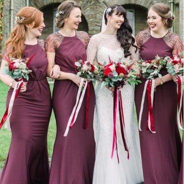 Sheath Cap Sleeves Dark Red Bridesmaid Dresses,Cheap Bridesmaid Dresses,WGY0363