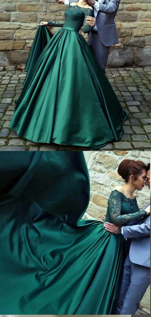 A-Line Off-the-Shoulder Long Sleeves Dark Green Prom Dresses,Cheap Prom Dresses,PDY0552