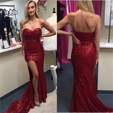 Sweetheart Sexy Side Slit Red Sequin Long Mermaid Prom Dresses, BG0140