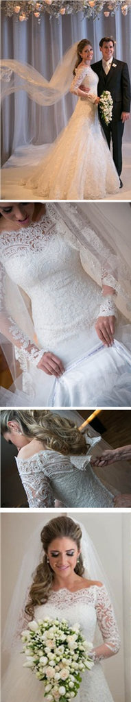 Gorgeous Off Shoulder Long Sleeve Zip Up Long A-line Princess Wedding Dresses, WDY0146