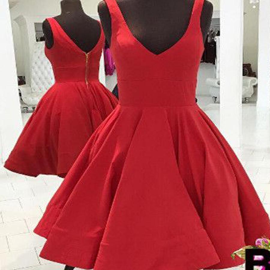 Blush red simple v-neck freshman A-line cheap homecoming prom gown dress,BDY0125